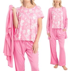 imageMUK LUKS 3 Piece Womens Pajamas  Anything Sleep and Lounge Set Matching Long Sleeve Cardigan Conjunto de PijamaPinkLacey Floral