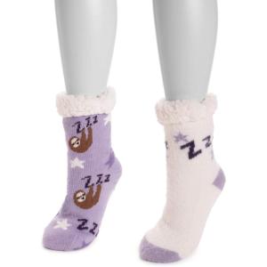 imageMuk Luks Womens Cabin Sock 2 Pairs Purple Sloth sz LXL