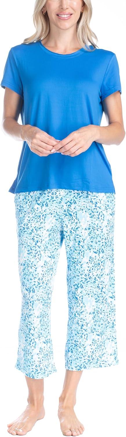 imageMUK LUKS 2 Pack Womens Pajama Set  Shorts Capris Tank Top and TShirt Loungewear Pajamas All Mixed up Conjunto PijamaBlue Leopard