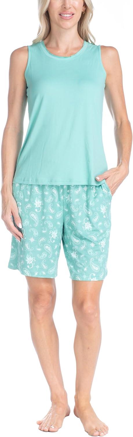 imageMUK LUKS 2 Pack Womens Pajama Set  Shorts Capris Tank Top and TShirt Loungewear Pajamas All Mixed up Conjunto PijamaGreen Leaf