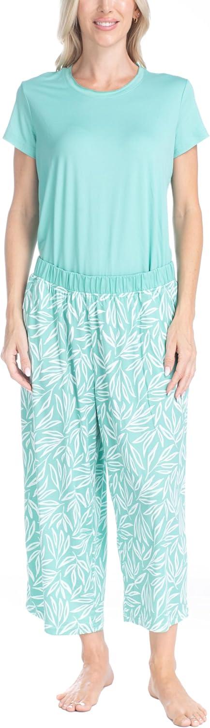imageMUK LUKS 2 Pack Womens Pajama Set  Shorts Capris Tank Top and TShirt Loungewear Pajamas All Mixed up Conjunto PijamaGreen Leaf