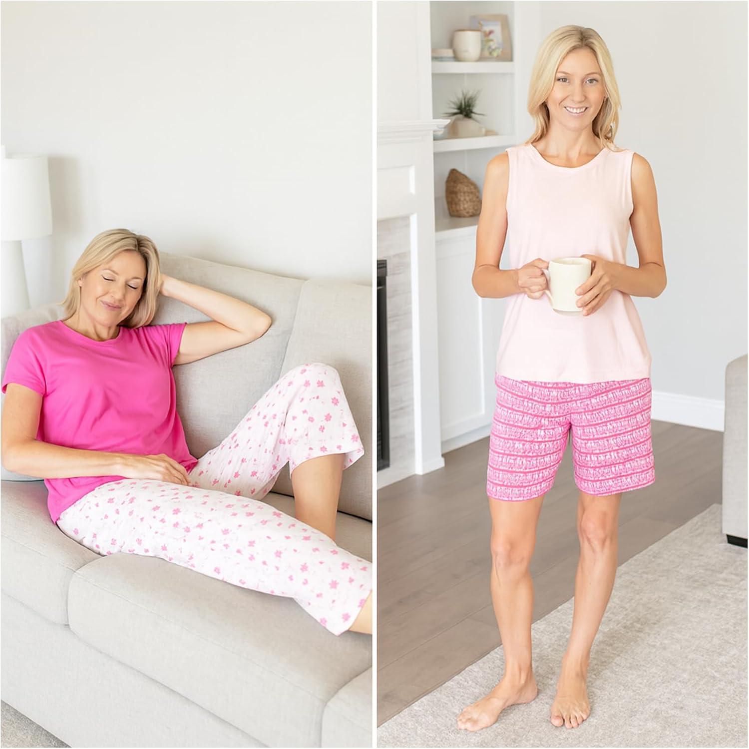 imageMUK LUKS 2 Pack Womens Pajama Set  Shorts Capris Tank Top and TShirt Loungewear Pajamas All Mixed up Conjunto PijamaPerfectly Pink
