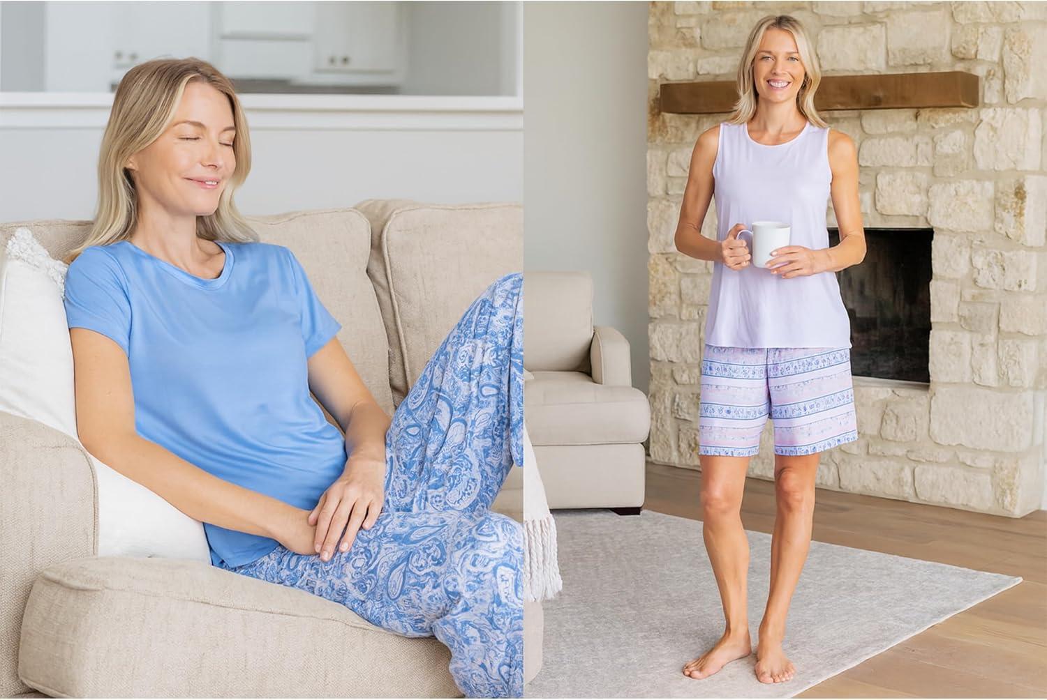 imageMUK LUKS 2 Pack Womens Pajama Set  Shorts Capris Tank Top and TShirt Loungewear Pajamas All Mixed up Conjunto PijamaPurple Paisley