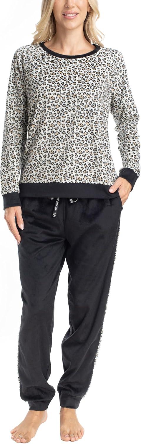 imageMUK LUKS Likely to Lounge Womens 2Piece Pajama Set Minky Fleece Long Sleeve and Jogger Pjs Pijamas de MujerBlackLeopard