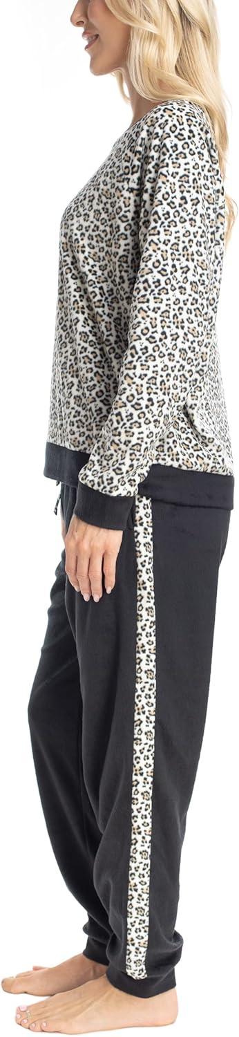 imageMUK LUKS Likely to Lounge Womens 2Piece Pajama Set Minky Fleece Long Sleeve and Jogger Pjs Pijamas de MujerBlackLeopard