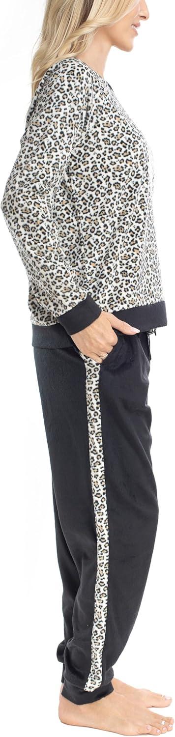 imageMUK LUKS Likely to Lounge Womens 2Piece Pajama Set Minky Fleece Long Sleeve and Jogger Pjs Pijamas de MujerBlackLeopard