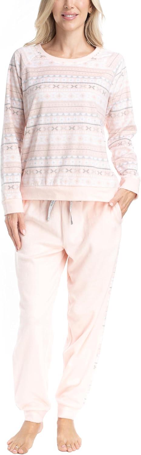 imageMUK LUKS Likely to Lounge Womens 2Piece Pajama Set Minky Fleece Long Sleeve and Jogger Pjs Pijamas de MujerCotton CandyFair Isle