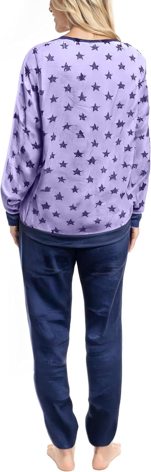 imageMUK LUKS Likely to Lounge Womens 2Piece Pajama Set Minky Fleece Long Sleeve and Jogger Pjs Pijamas de MujerPurpleStars