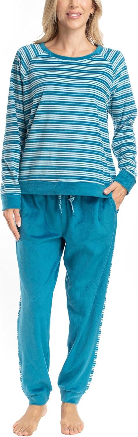 imageMUK LUKS Likely to Lounge Womens 2Piece Pajama Set Minky Fleece Long Sleeve and Jogger Pjs Pijamas de MujerTealStripe