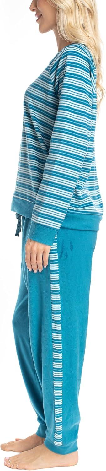 imageMUK LUKS Likely to Lounge Womens 2Piece Pajama Set Minky Fleece Long Sleeve and Jogger Pjs Pijamas de MujerTealStripe