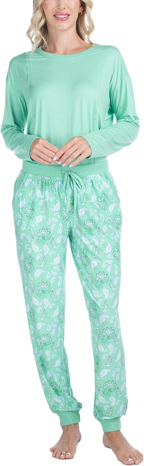 imageMUK LUKS Lounge Loyalist Sweatshirt and Jogger Pajamas Set Womens Pjs Winter WarmGreen Paisley