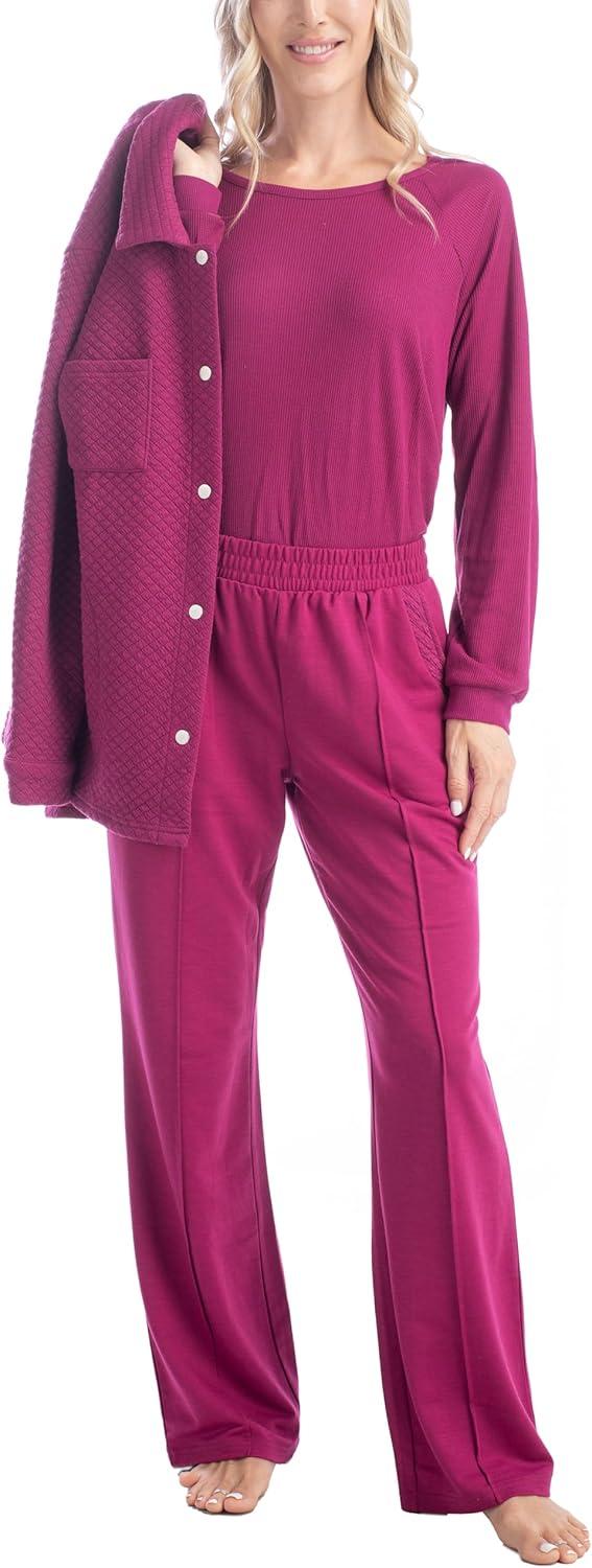 imageMUK LUKS Quilted Shacket 3 Piece Lounge Set Long Sleeve TShirt Pajama Pants with Pockets Matching JacketBerry Pink