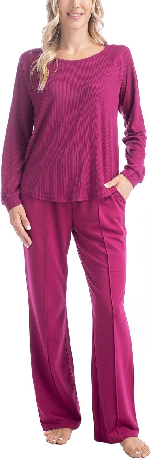 imageMUK LUKS Quilted Shacket 3 Piece Lounge Set Long Sleeve TShirt Pajama Pants with Pockets Matching JacketBerry Pink