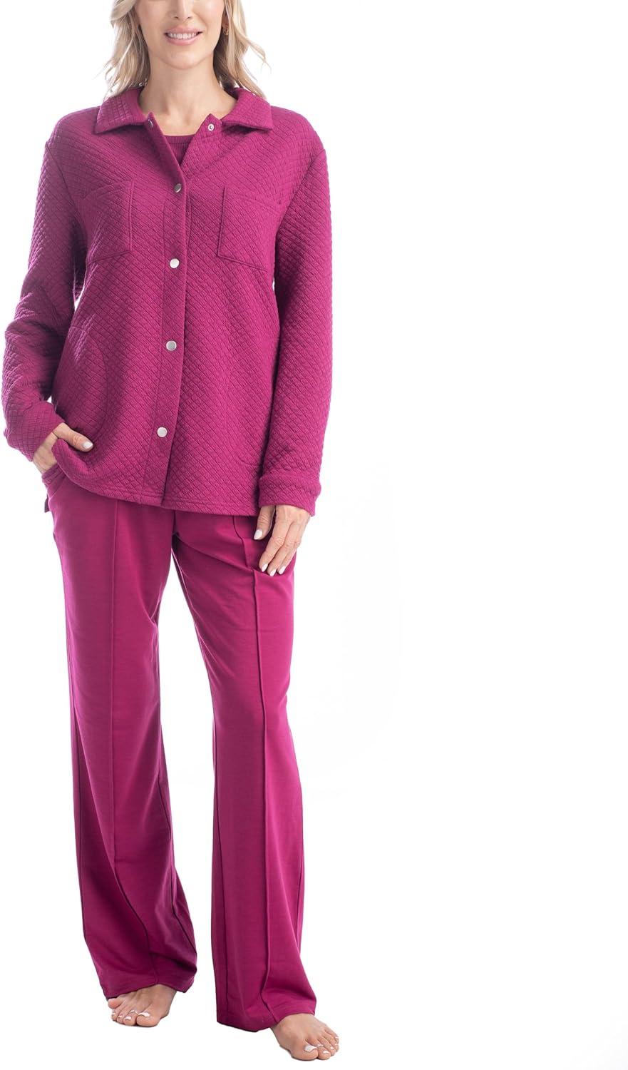 imageMUK LUKS Quilted Shacket 3 Piece Lounge Set Long Sleeve TShirt Pajama Pants with Pockets Matching JacketBerry Pink