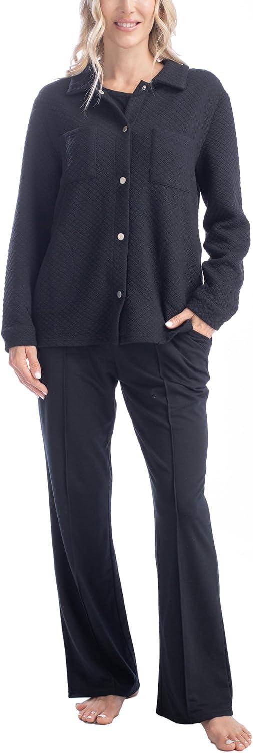 imageMUK LUKS Quilted Shacket 3 Piece Lounge Set Long Sleeve TShirt Pajama Pants with Pockets Matching JacketBlack
