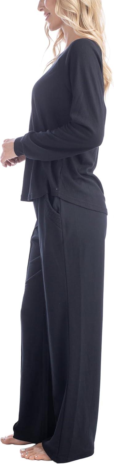 imageMUK LUKS Quilted Shacket 3 Piece Lounge Set Long Sleeve TShirt Pajama Pants with Pockets Matching JacketBlack