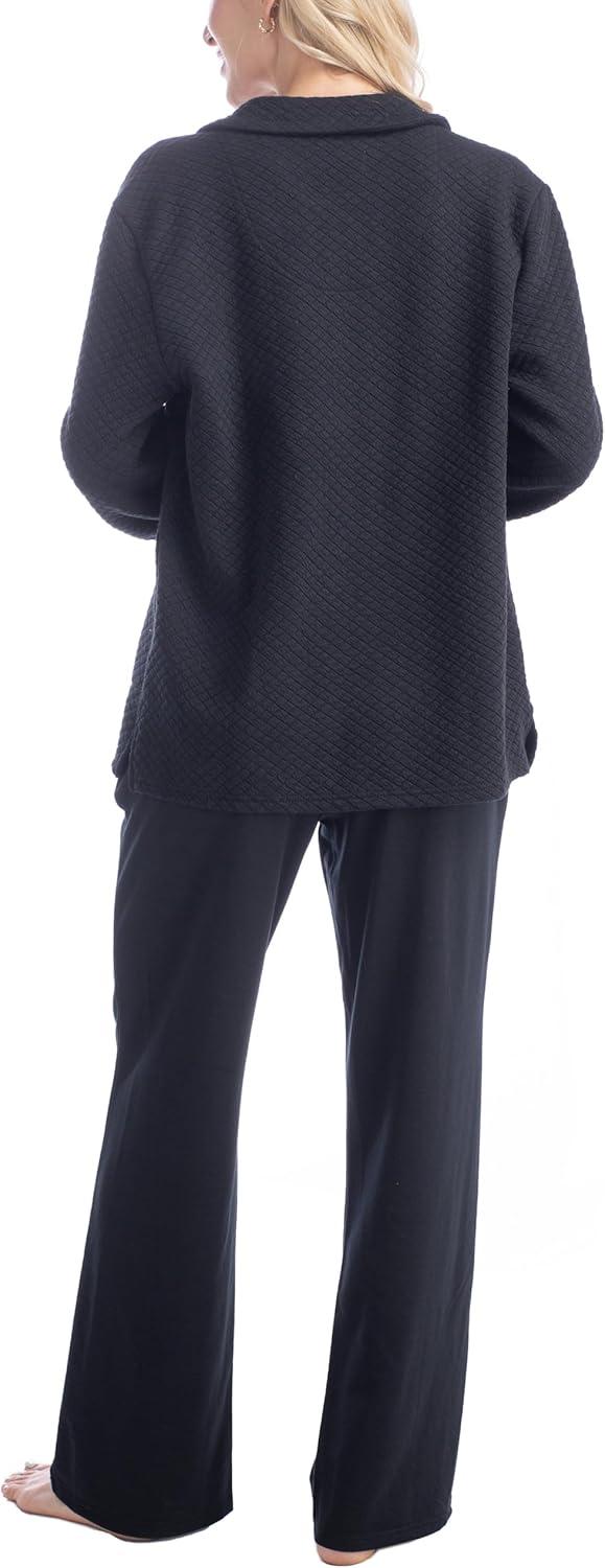 imageMUK LUKS Quilted Shacket 3 Piece Lounge Set Long Sleeve TShirt Pajama Pants with Pockets Matching JacketBlack