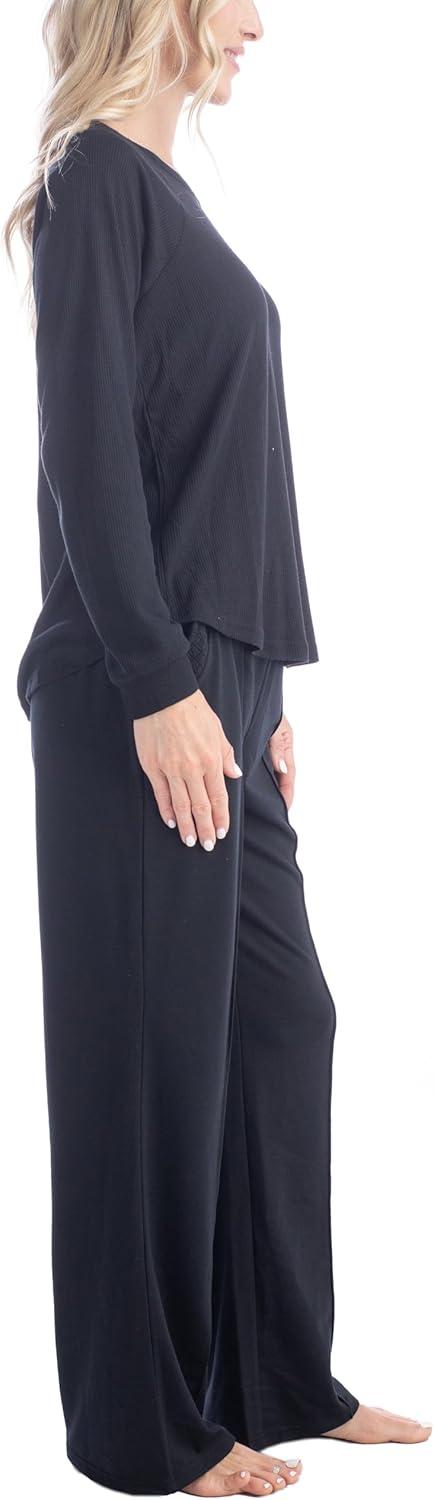 imageMUK LUKS Quilted Shacket 3 Piece Lounge Set Long Sleeve TShirt Pajama Pants with Pockets Matching JacketBlack