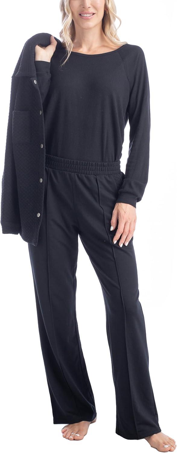 imageMUK LUKS Quilted Shacket 3 Piece Lounge Set Long Sleeve TShirt Pajama Pants with Pockets Matching JacketBlack