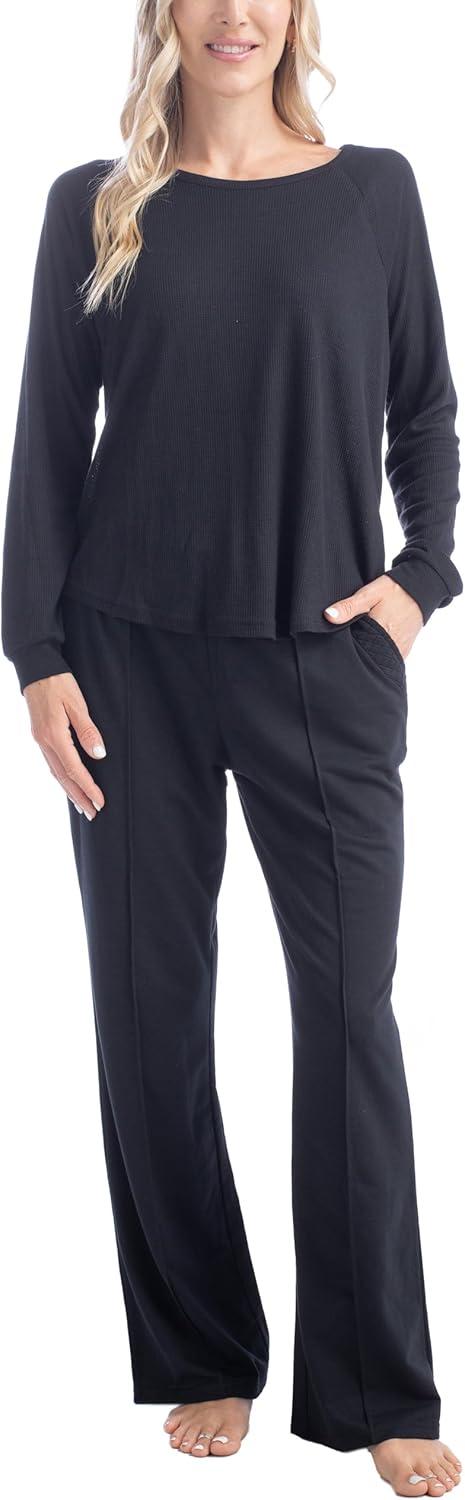 imageMUK LUKS Quilted Shacket 3 Piece Lounge Set Long Sleeve TShirt Pajama Pants with Pockets Matching JacketBlack