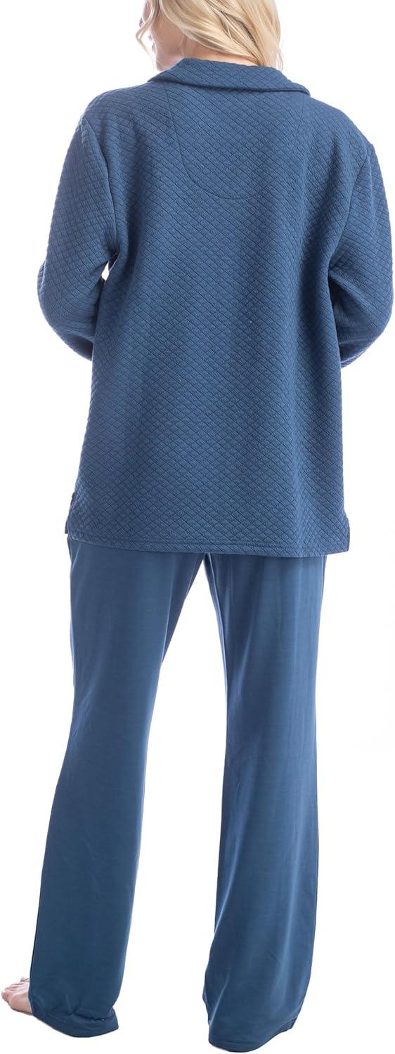 imageMUK LUKS Quilted Shacket 3 Piece Lounge Set Long Sleeve TShirt Pajama Pants with Pockets Matching JacketDenim Blue