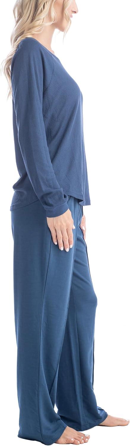 imageMUK LUKS Quilted Shacket 3 Piece Lounge Set Long Sleeve TShirt Pajama Pants with Pockets Matching JacketDenim Blue
