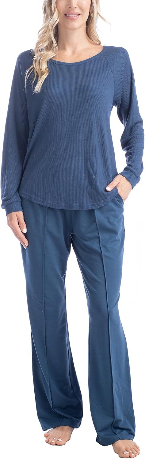 imageMUK LUKS Quilted Shacket 3 Piece Lounge Set Long Sleeve TShirt Pajama Pants with Pockets Matching JacketDenim Blue