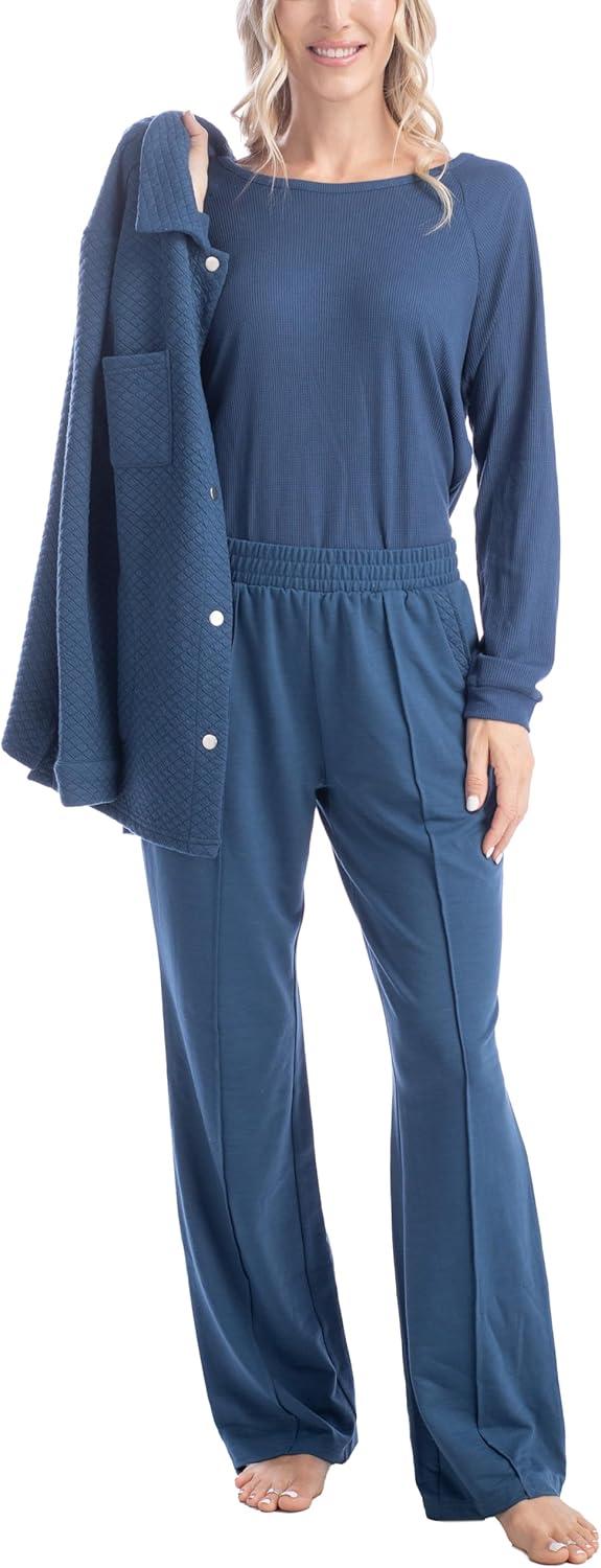 imageMUK LUKS Quilted Shacket 3 Piece Lounge Set Long Sleeve TShirt Pajama Pants with Pockets Matching JacketDenim Blue