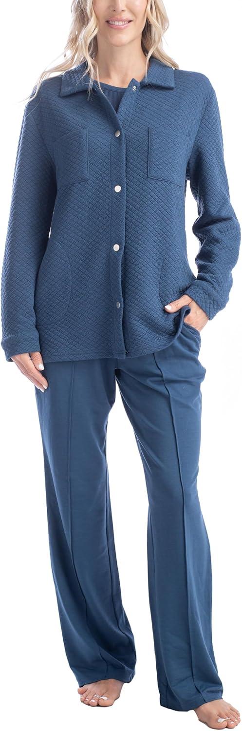 imageMUK LUKS Quilted Shacket 3 Piece Lounge Set Long Sleeve TShirt Pajama Pants with Pockets Matching JacketDenim Blue