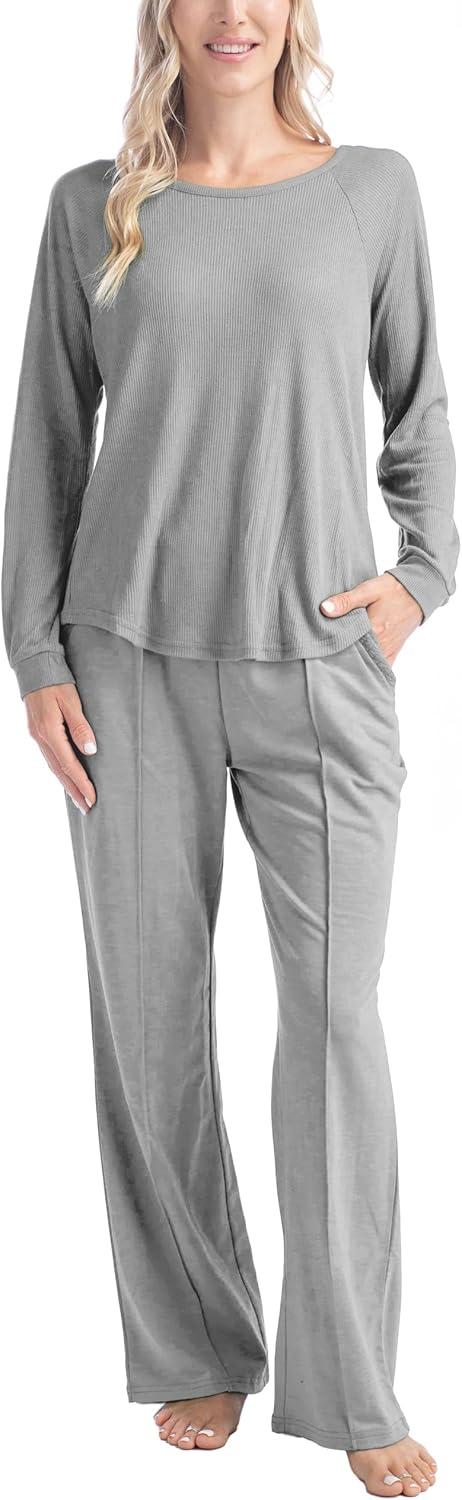 imageMUK LUKS Quilted Shacket 3 Piece Lounge Set Long Sleeve TShirt Pajama Pants with Pockets Matching JacketHeather Gray