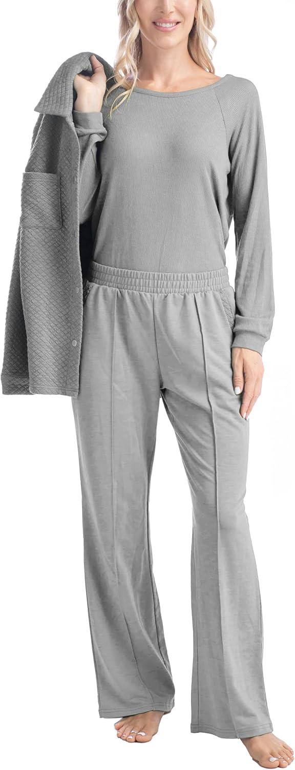 imageMUK LUKS Quilted Shacket 3 Piece Lounge Set Long Sleeve TShirt Pajama Pants with Pockets Matching JacketHeather Gray