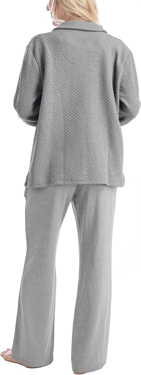 imageMUK LUKS Quilted Shacket 3 Piece Lounge Set Long Sleeve TShirt Pajama Pants with Pockets Matching JacketHeather Gray