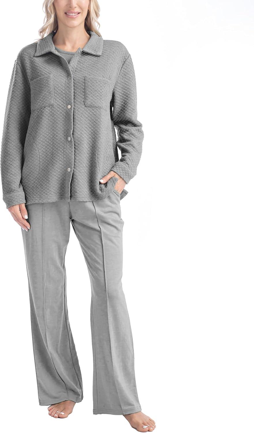 imageMUK LUKS Quilted Shacket 3 Piece Lounge Set Long Sleeve TShirt Pajama Pants with Pockets Matching JacketHeather Gray