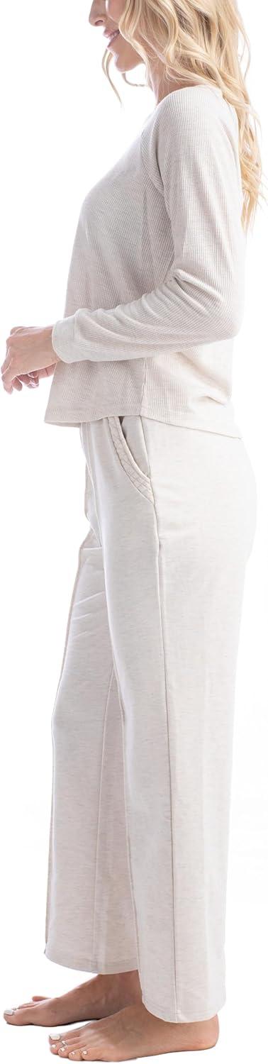 imageMUK LUKS Quilted Shacket 3 Piece Lounge Set Long Sleeve TShirt Pajama Pants with Pockets Matching JacketHeather Oatmeal