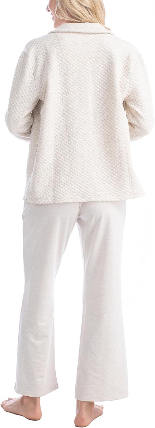 imageMUK LUKS Quilted Shacket 3 Piece Lounge Set Long Sleeve TShirt Pajama Pants with Pockets Matching JacketHeather Oatmeal