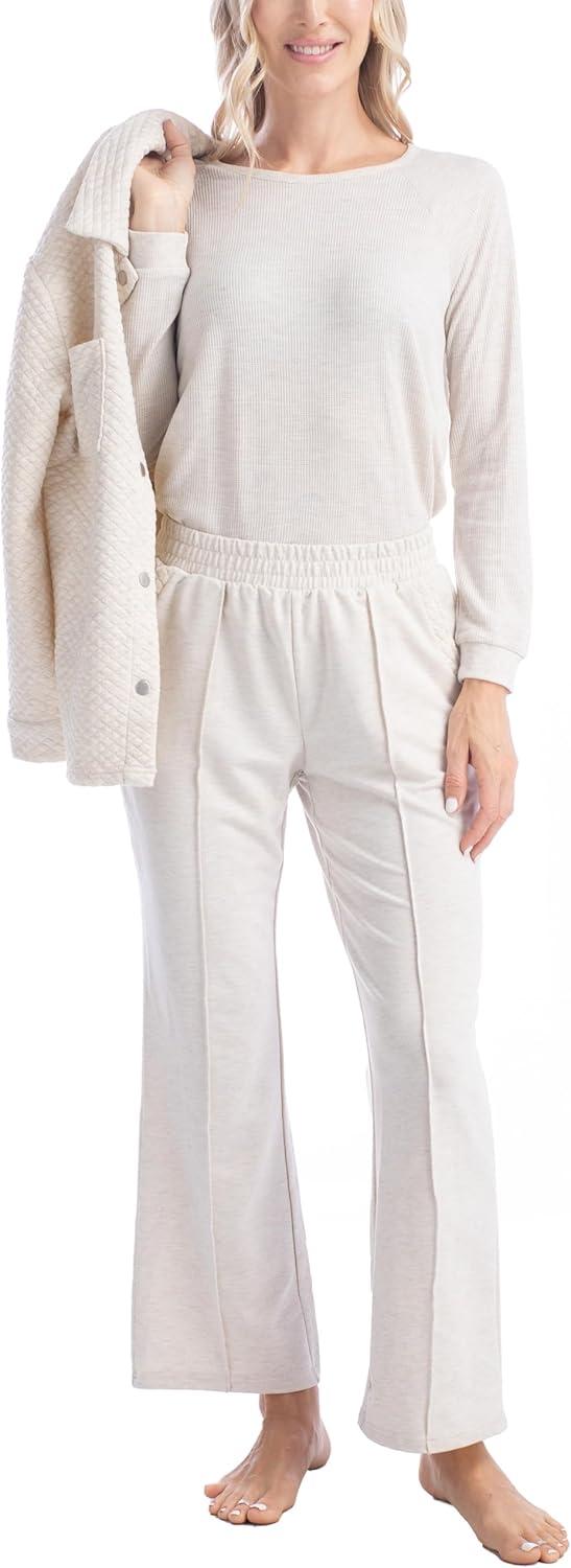 imageMUK LUKS Quilted Shacket 3 Piece Lounge Set Long Sleeve TShirt Pajama Pants with Pockets Matching JacketHeather Oatmeal