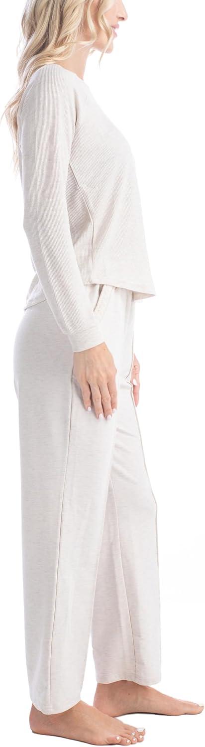 imageMUK LUKS Quilted Shacket 3 Piece Lounge Set Long Sleeve TShirt Pajama Pants with Pockets Matching JacketHeather Oatmeal