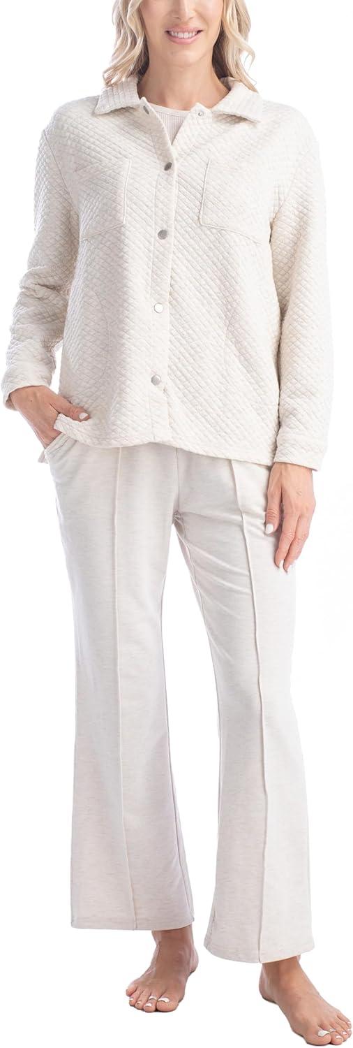 imageMUK LUKS Quilted Shacket 3 Piece Lounge Set Long Sleeve TShirt Pajama Pants with Pockets Matching JacketHeather Oatmeal