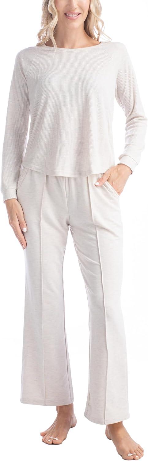 imageMUK LUKS Quilted Shacket 3 Piece Lounge Set Long Sleeve TShirt Pajama Pants with Pockets Matching JacketHeather Oatmeal