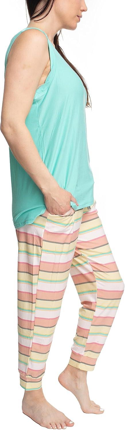 imageMUK LUKS Sleeveless Tank Top and Jogger Sleep Set with Pockets Soft Matching Sleepwear Lounge PJs Conjunto de PijamaAquaMultistripe
