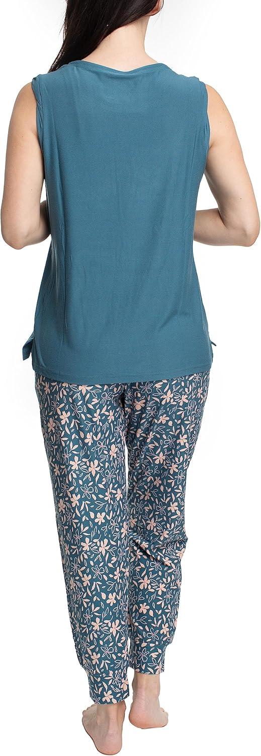 imageMUK LUKS Sleeveless Tank Top and Jogger Sleep Set with Pockets Soft Matching Sleepwear Lounge PJs Conjunto de PijamaDenimTropical Floral