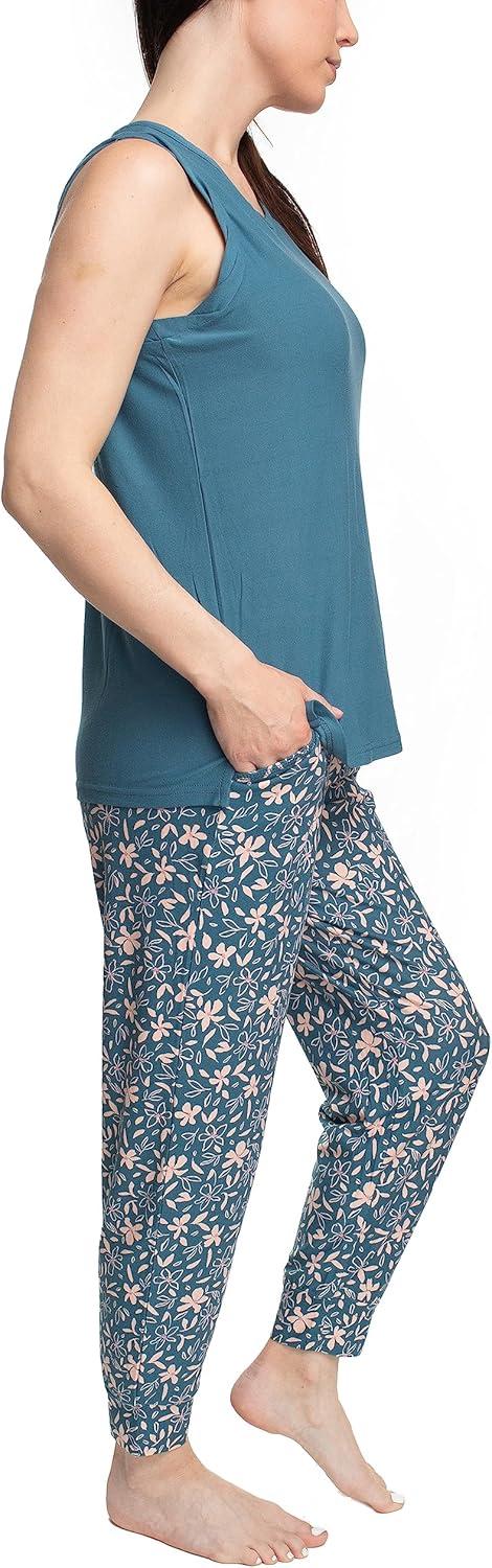 imageMUK LUKS Sleeveless Tank Top and Jogger Sleep Set with Pockets Soft Matching Sleepwear Lounge PJs Conjunto de PijamaDenimTropical Floral