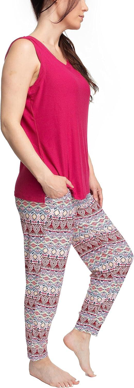 imageMUK LUKS Sleeveless Tank Top and Jogger Sleep Set with Pockets Soft Matching Sleepwear Lounge PJs Conjunto de PijamaRaspberryIkat