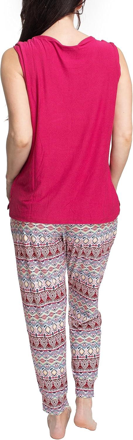 imageMUK LUKS Sleeveless Tank Top and Jogger Sleep Set with Pockets Soft Matching Sleepwear Lounge PJs Conjunto de PijamaRaspberryIkat