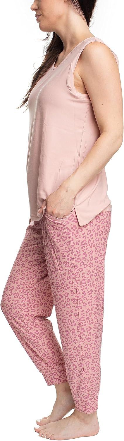 imageMUK LUKS Sleeveless Tank Top and Jogger Sleep Set with Pockets Soft Matching Sleepwear Lounge PJs Conjunto de PijamaRose CloudAnimal