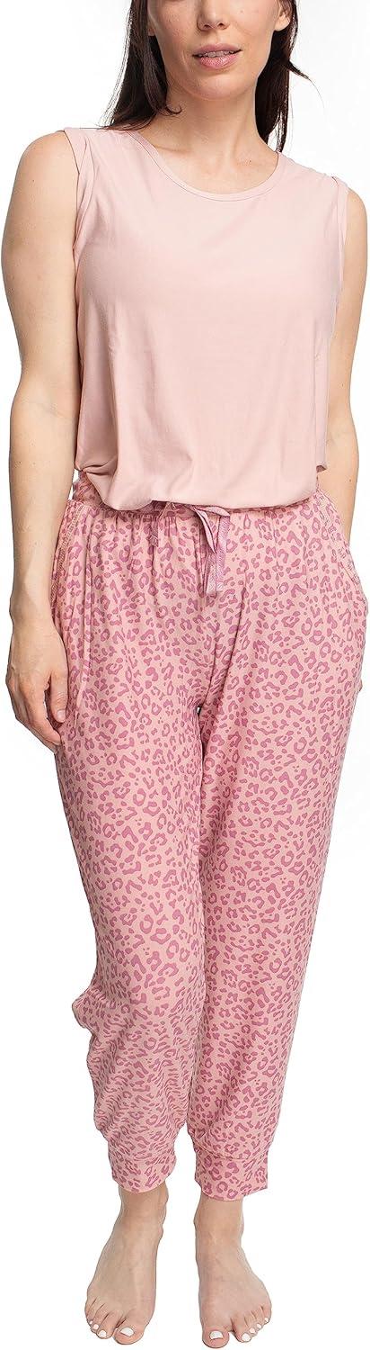 imageMUK LUKS Sleeveless Tank Top and Jogger Sleep Set with Pockets Soft Matching Sleepwear Lounge PJs Conjunto de PijamaRose CloudAnimal