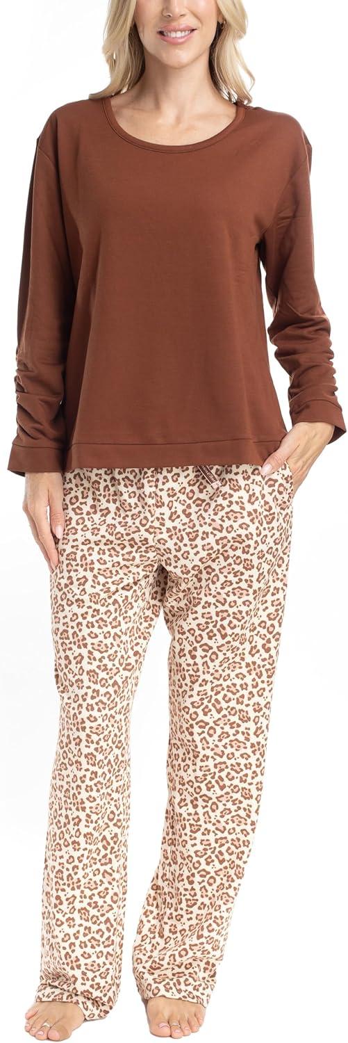 imageMUK LUKS Sweater Weather Womens Pajama 2Piece Set Super Soft Long Sleeve Shirt and Pants Pijama De MujerCaramelLeopard