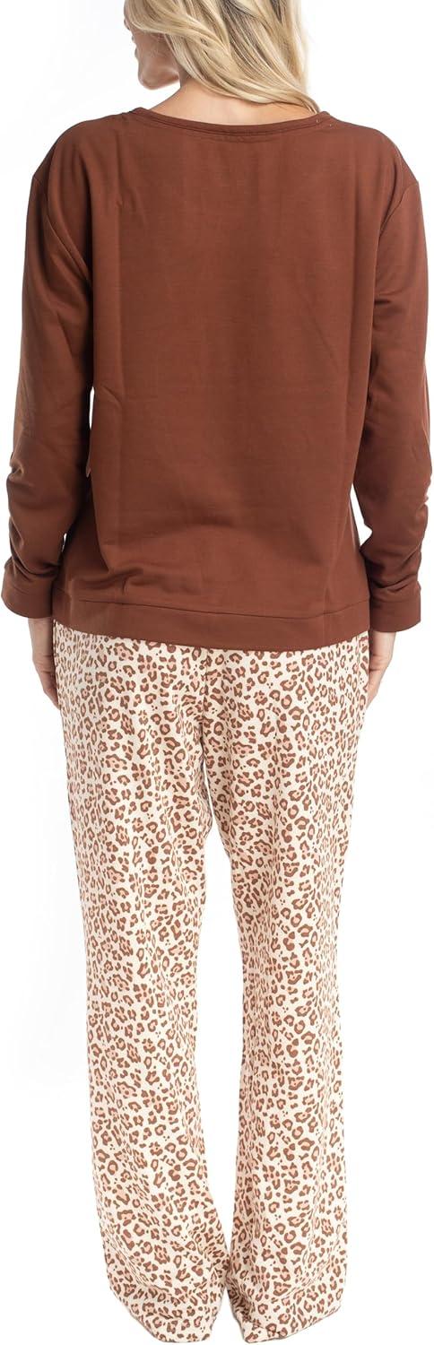 imageMUK LUKS Sweater Weather Womens Pajama 2Piece Set Super Soft Long Sleeve Shirt and Pants Pijama De MujerCaramelLeopard