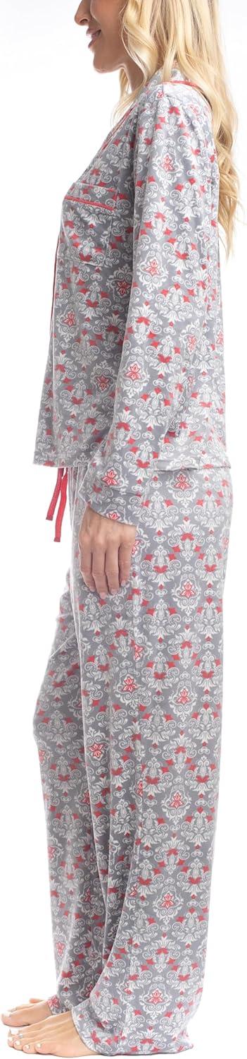 imageMUK LUKS Womens 2 Piece Pajama Set  Silky Veluor Button Down Top and Pajama Pants Lovely Gems Pijamas de MujerDainty Damask Coral