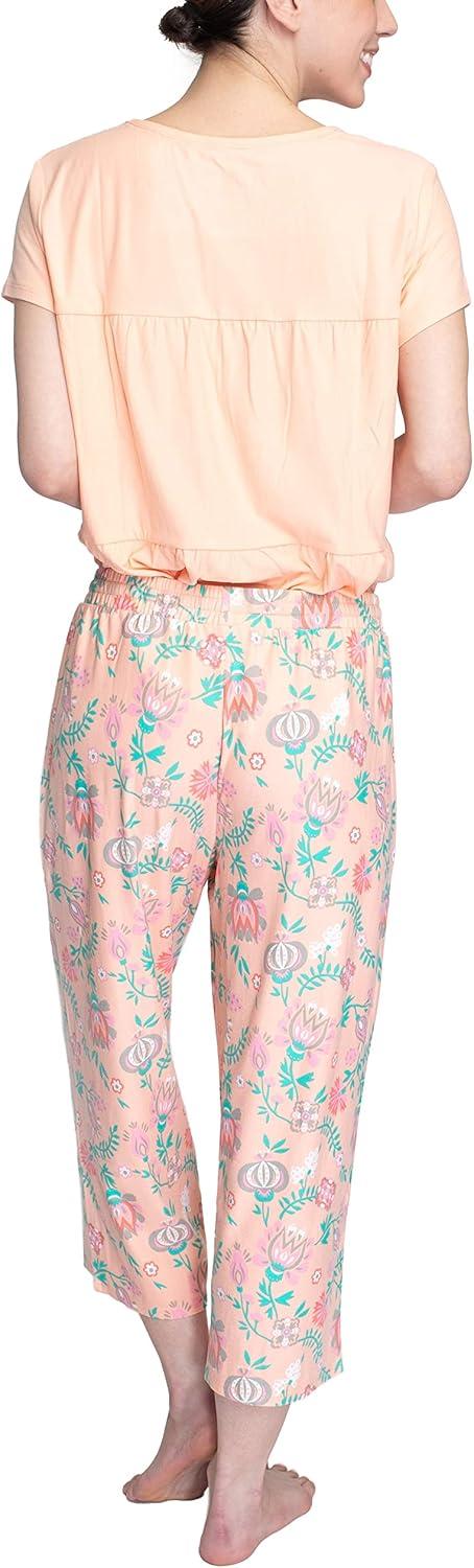 imageMUK LUKS Womens Feel Good Happy Cloud Knit Pajamas Short Sleeve 22 Capri Pant Matching Sleep SetPeachFloral